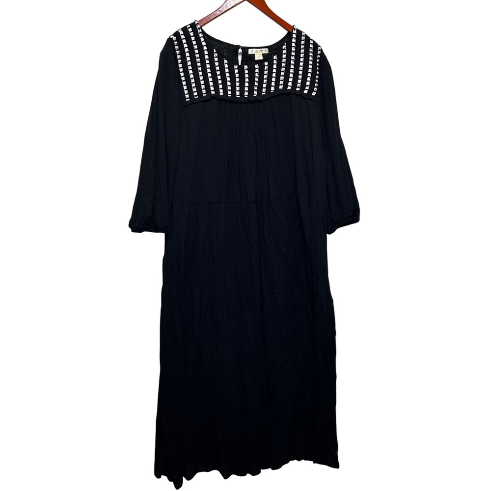 Studio West Womens Maxi Lounge Dress XXL Black Embroidered Tiered Boho Relaxed